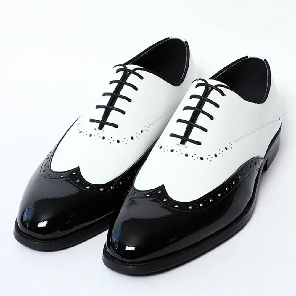 Elegant Men's White & Black Wingtip Brogue Oxfords | Genuine Leather Wedding, Party & Social Dress Shoes - Luzilly Bridal & Apparel
