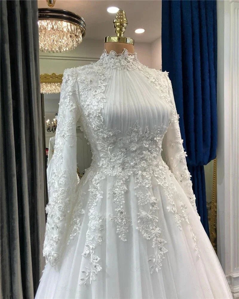 Elegant Muslim Wedding Dress for Bride WIth Appliques Flowers Arabic Dubai Long Sleeves Bridal Gown Tulle Robe De Mariage - Luzilly Bridal & Apparel