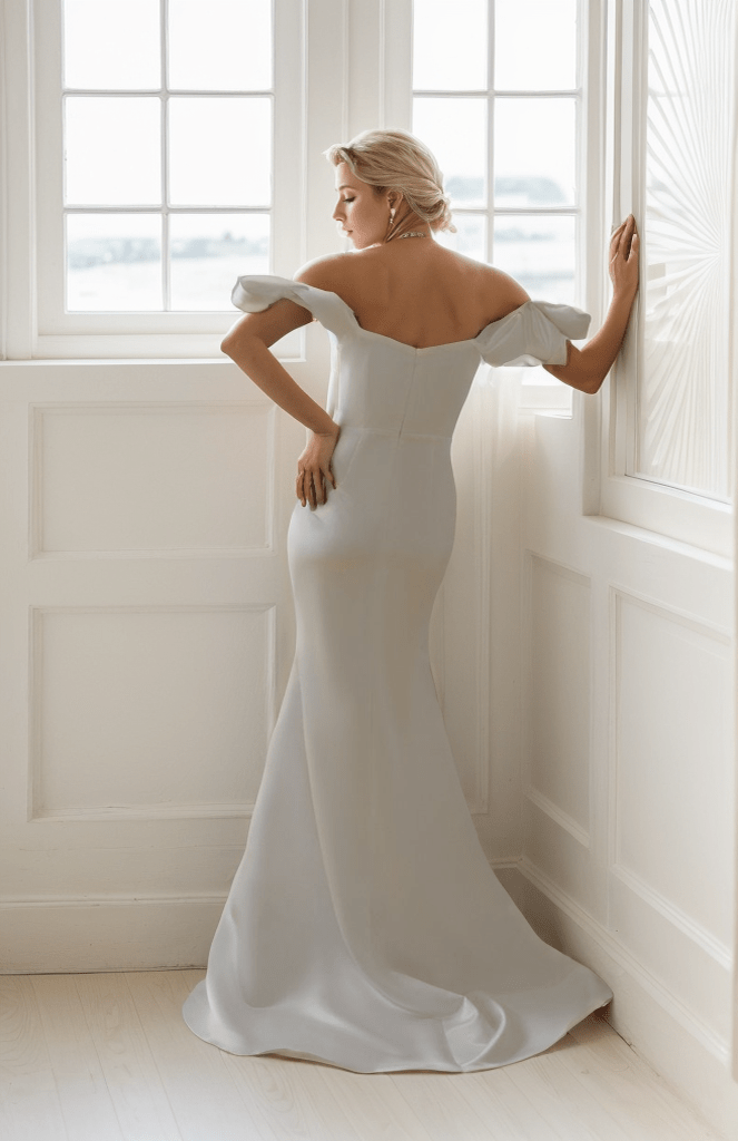 Elegant off the shoulder fit and flare duchess satin simple wedding dress colored wedding dress - Luzilly Bridal & Apparel