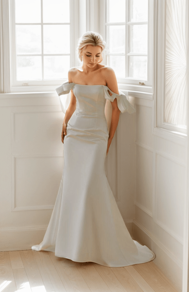Elegant off the shoulder fit and flare duchess satin simple wedding dress colored wedding dress - Luzilly Bridal & Apparel