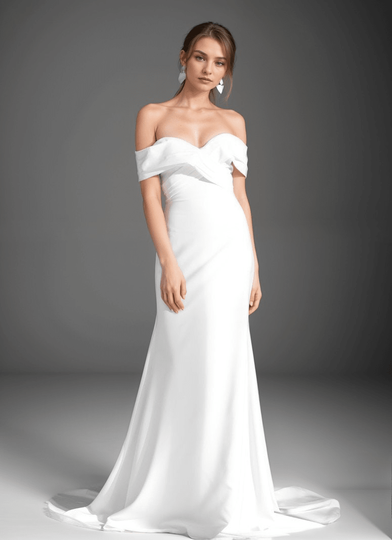 Elegant off-the-shoulder fit and flare Stretchy Satin wedding dress - Luzilly Bridal & Apparel