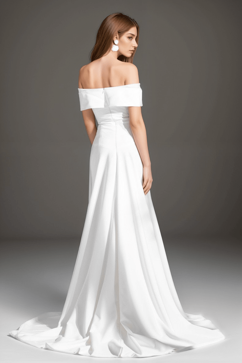 Elegant off-the-shoulder fit and flare Stretchy Satin wedding dress - Luzilly Bridal & Apparel