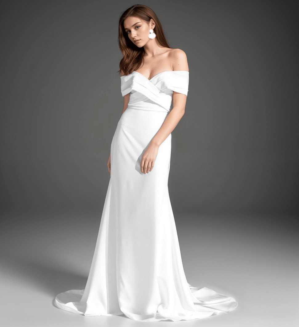 Elegant off-the-shoulder fit and flare Stretchy Satin wedding dress - Luzilly Bridal & Apparel
