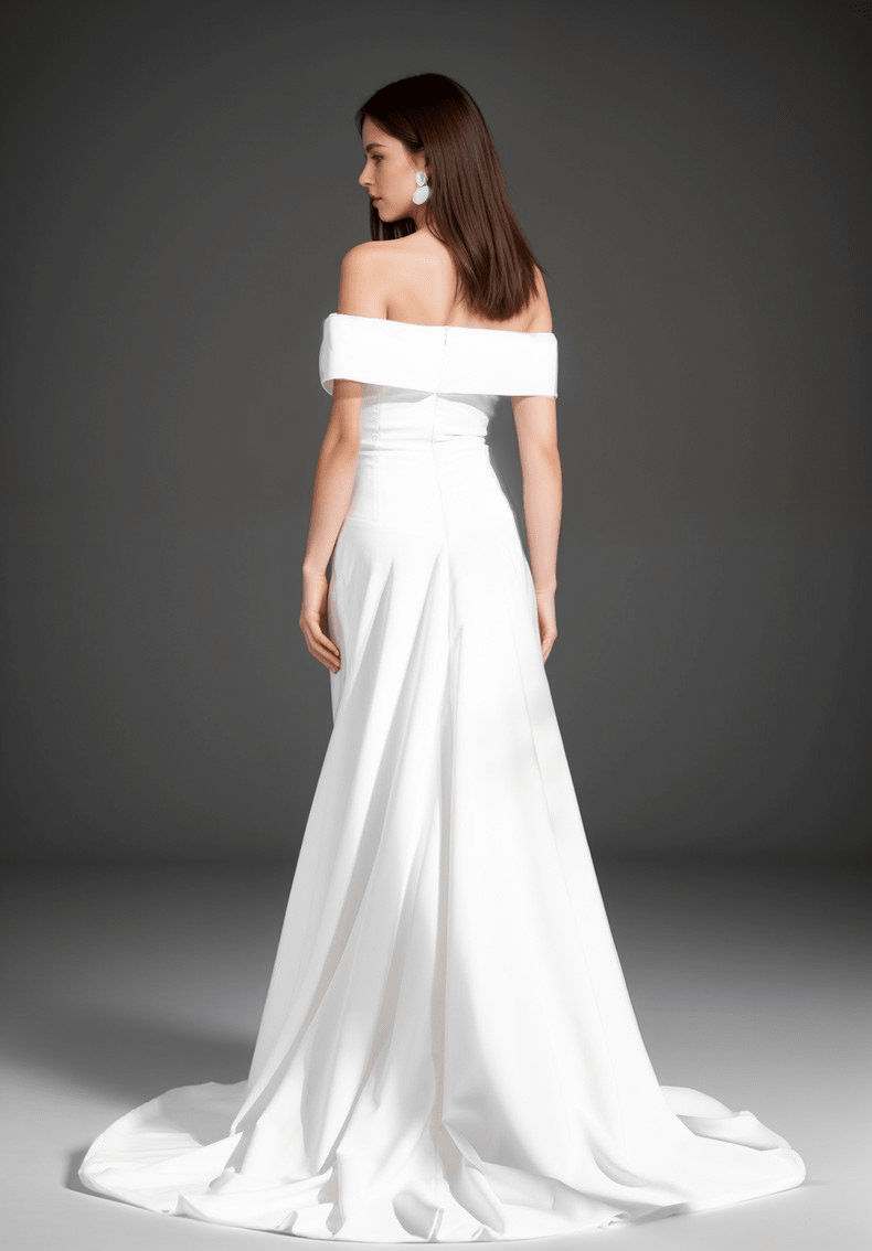 Elegant off-the-shoulder fit and flare Stretchy Satin wedding dress - Luzilly Bridal & Apparel