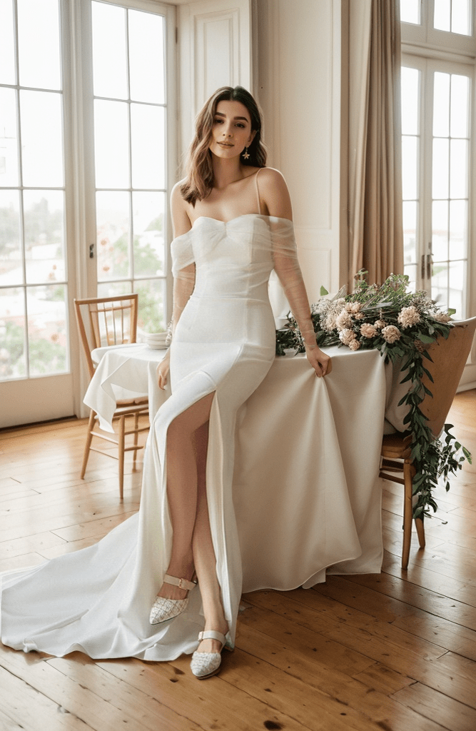 Elegant off-the-shoulder tulle long sleeves stretchy fit and flare Satin wedding dress - Luzilly Bridal & Apparel