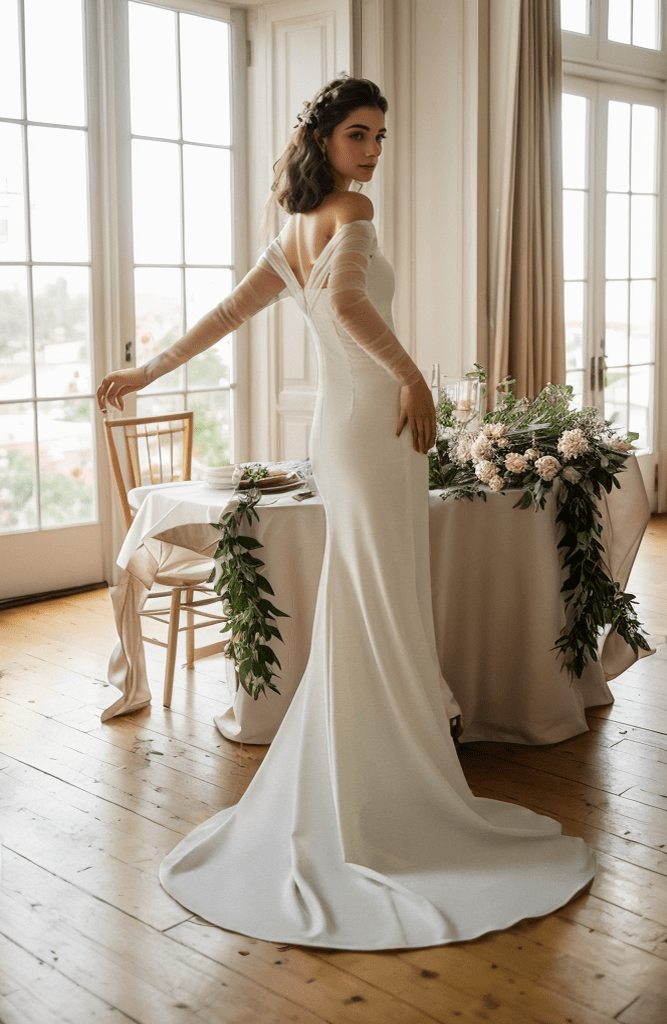 Elegant off-the-shoulder tulle long sleeves stretchy fit and flare Satin wedding dress - Luzilly Bridal & Apparel