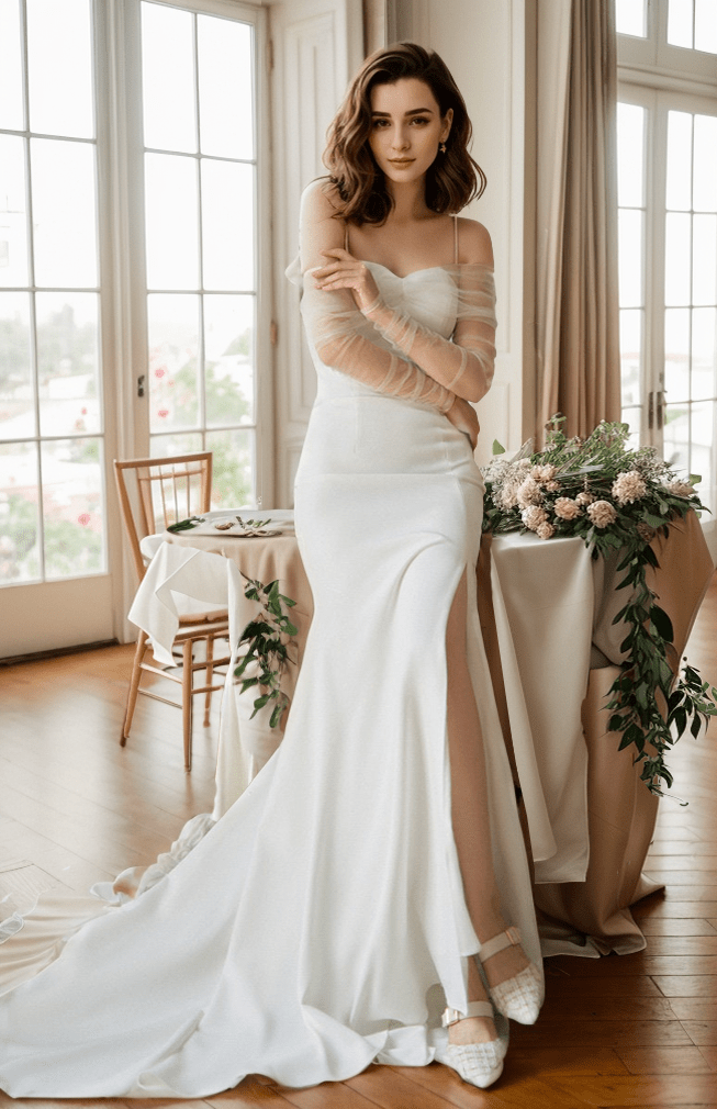 Elegant off-the-shoulder tulle long sleeves stretchy fit and flare Satin wedding dress - Luzilly Bridal & Apparel