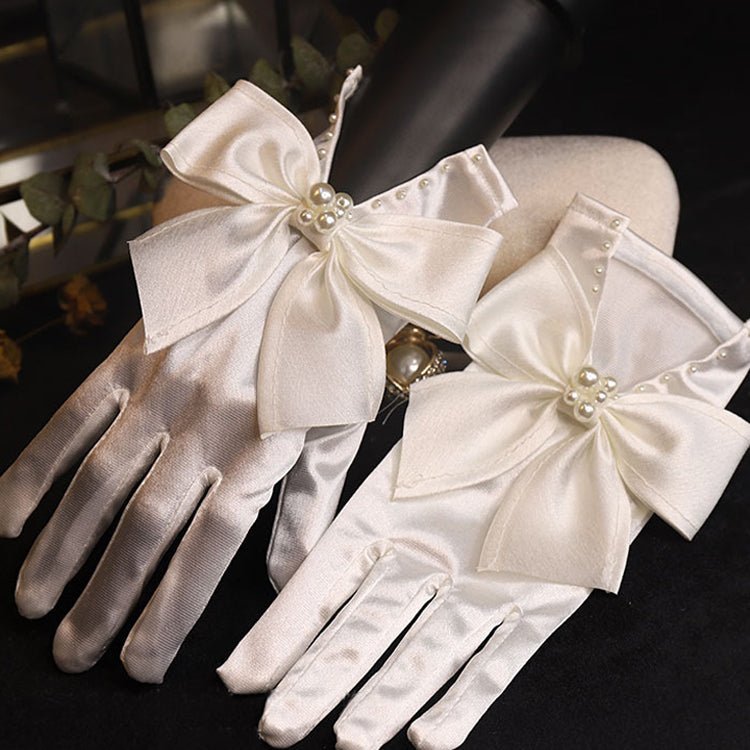 Elegant Pearl Bow Satin Gloves Bridal - Luzilly Bridal & Apparel