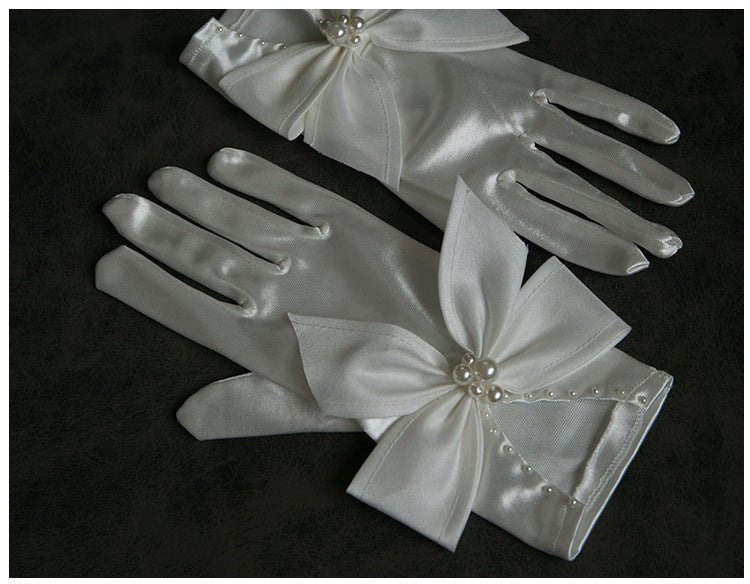 Elegant Pearl Bow Satin Gloves Bridal - Luzilly Bridal & Apparel