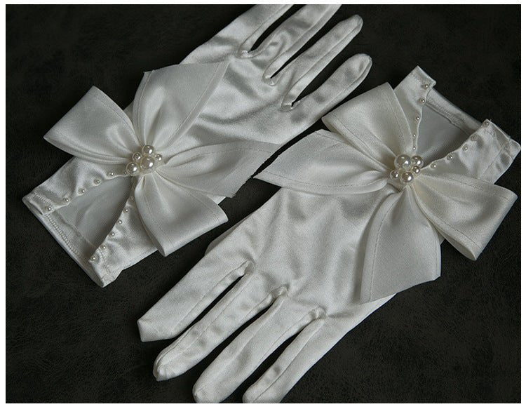Elegant Pearl Bow Satin Gloves Bridal - Luzilly Bridal & Apparel