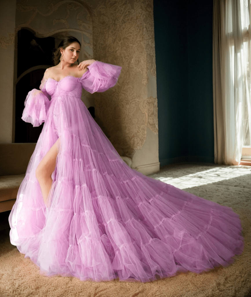 Elegant Robe Gown with Tiered Tulle and Off-Shoulder Design Multi Color - Luzilly Bridal & Apparel