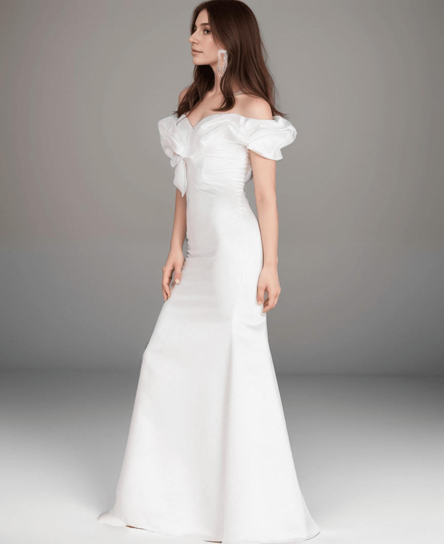 Elegant ruffled off the shoulder trumpet Italy silky satin simple wedding dress little white dress - Luzilly Bridal & Apparel