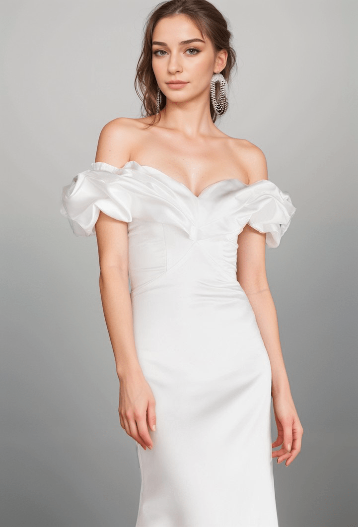 Elegant ruffled off the shoulder trumpet Italy silky satin simple wedding dress little white dress - Luzilly Bridal & Apparel