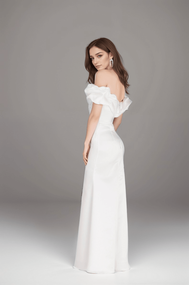 Elegant ruffled off the shoulder trumpet Italy silky satin simple wedding dress little white dress - Luzilly Bridal & Apparel