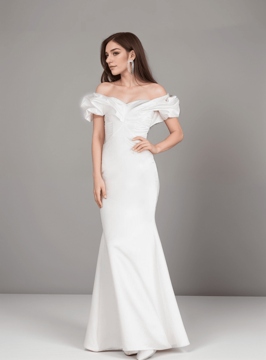 Elegant ruffled off the shoulder trumpet Italy silky satin simple wedding dress little white dress - Luzilly Bridal & Apparel