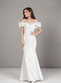 Elegant ruffled off the shoulder trumpet Italy silky satin simple wedding dress little white dress - Luzilly Bridal & Apparel