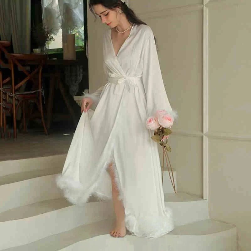 Elegant Satin Feather-Trimmed Robe & Nightdress Set - Luxury Bridal & Lounge Wear - Luzilly Bridal & Apparel