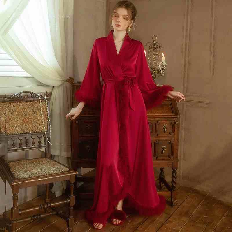 Elegant Satin Feather-Trimmed Robe & Nightdress Set - Luxury Bridal & Lounge Wear - Luzilly Bridal & Apparel