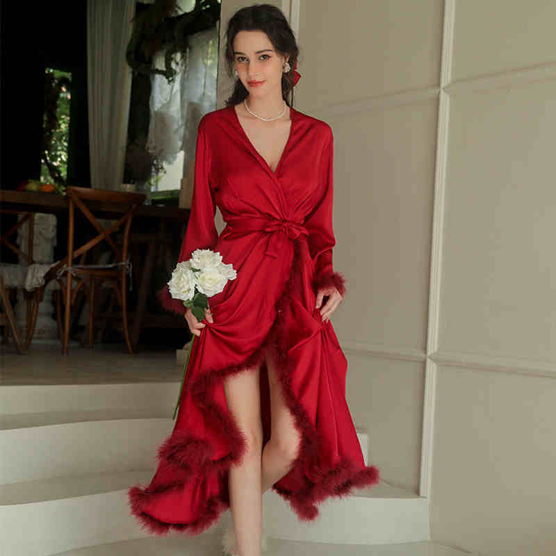 Elegant Satin Feather-Trimmed Robe & Nightdress Set - Luxury Bridal & Lounge Wear - Luzilly Bridal & Apparel