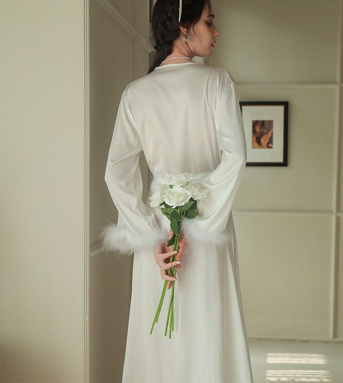 Elegant Satin Feather-Trimmed Robe & Nightdress Set - Luxury Bridal & Lounge Wear - Luzilly Bridal & Apparel
