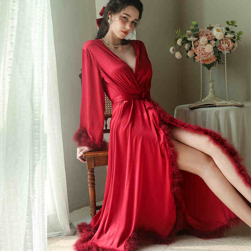 Elegant Satin Feather-Trimmed Robe & Nightdress Set - Luxury Bridal & Lounge Wear - Luzilly Bridal & Apparel