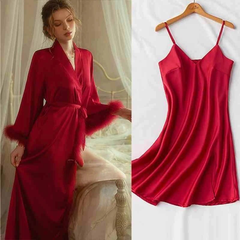 Elegant Satin Feather-Trimmed Robe & Nightdress Set - Luxury Bridal & Lounge Wear - Luzilly Bridal & Apparel