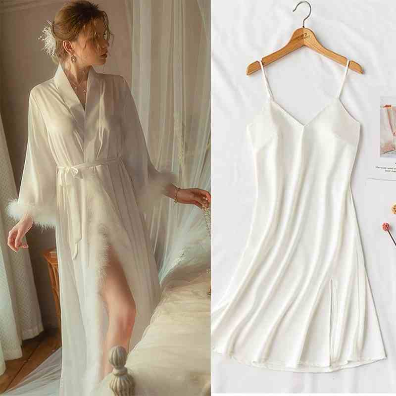 Elegant Satin Feather-Trimmed Robe & Nightdress Set - Luxury Bridal & Lounge Wear - Luzilly Bridal & Apparel