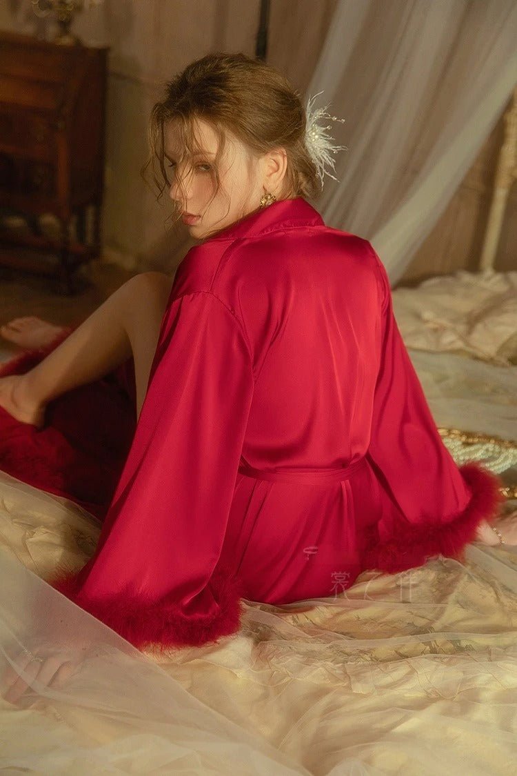 Elegant Satin Feather-Trimmed Robe & Nightdress Set - Luxury Bridal & Lounge Wear - Luzilly Bridal & Apparel