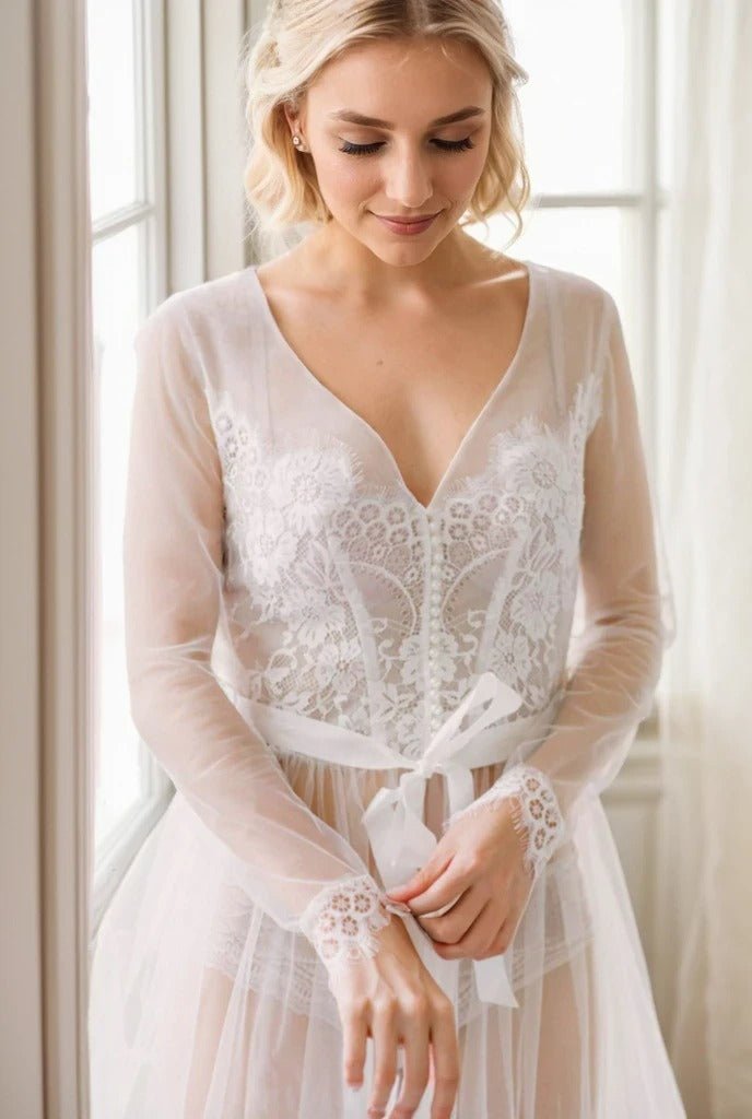 Elegant Sheer Lace Bridal Robe – Long-Sleeve See-Through Lingerie Gown - Luzilly Bridal & Apparel