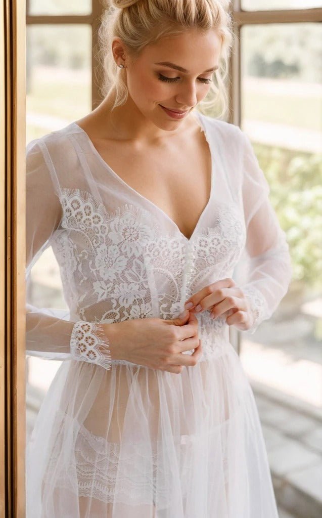 Elegant Sheer Lace Bridal Robe – Long-Sleeve See-Through Lingerie Gown - Luzilly Bridal & Apparel