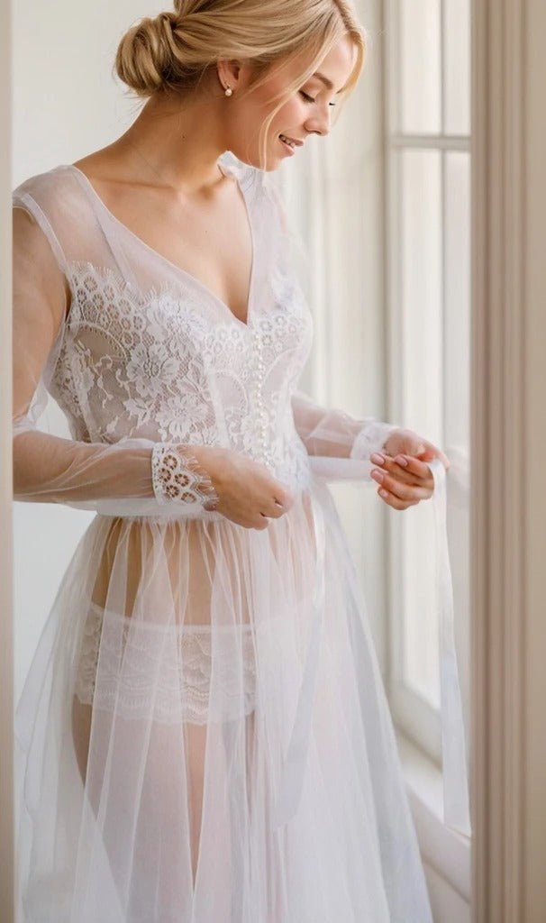 Elegant Sheer Lace Bridal Robe – Long-Sleeve See-Through Lingerie Gown - Luzilly Bridal & Apparel