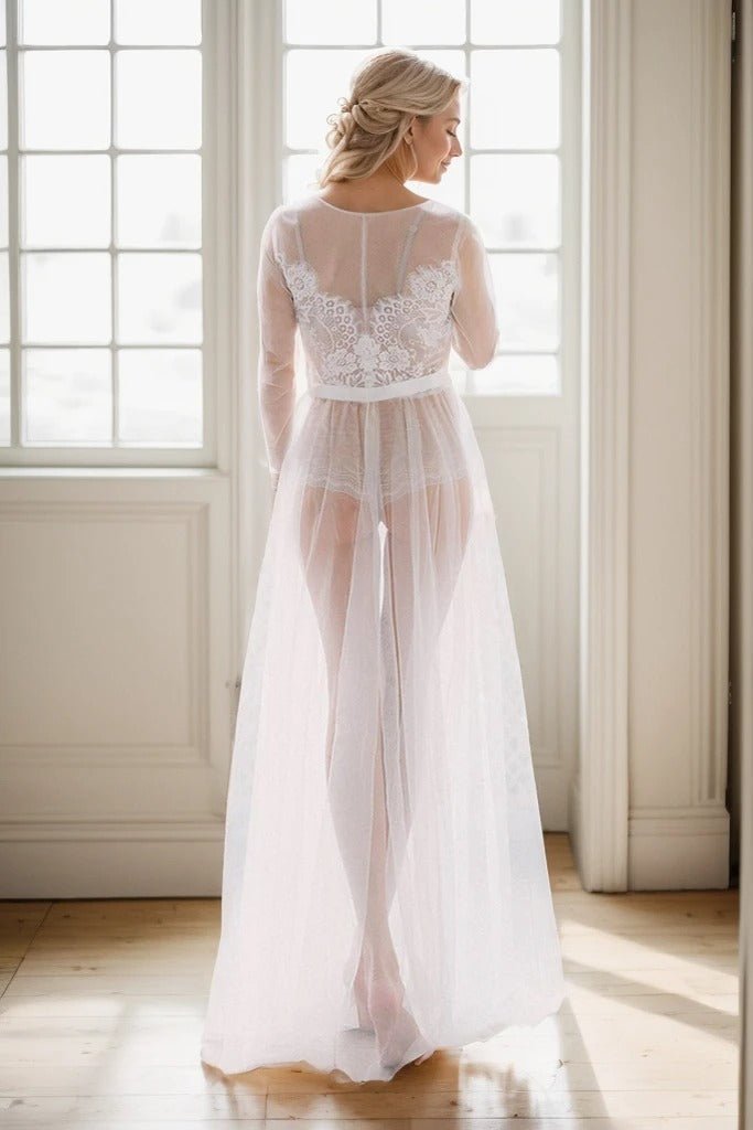Elegant Sheer Lace Bridal Robe – Long-Sleeve See-Through Lingerie Gown - Luzilly Bridal & Apparel