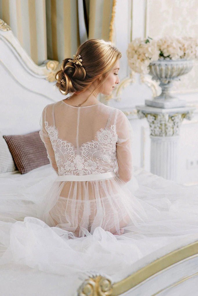 Elegant Sheer Lace Bridal Robe – Long-Sleeve See-Through Lingerie Gown - Luzilly Bridal & Apparel