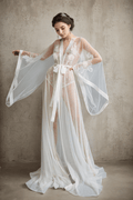 Elegant Sheer Lace Bridal Robe with Floral Embroidery and Satin Tie - Luzilly Bridal & Apparel