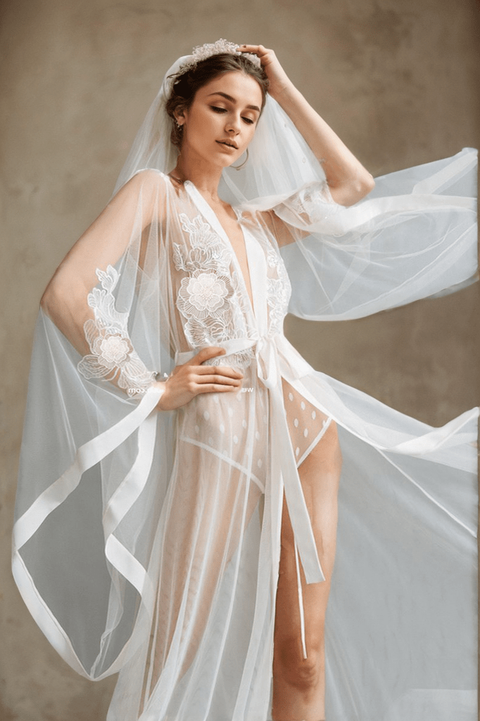 Elegant Sheer Lace Bridal Robe with Floral Embroidery and Satin Tie - Luzilly Bridal & Apparel