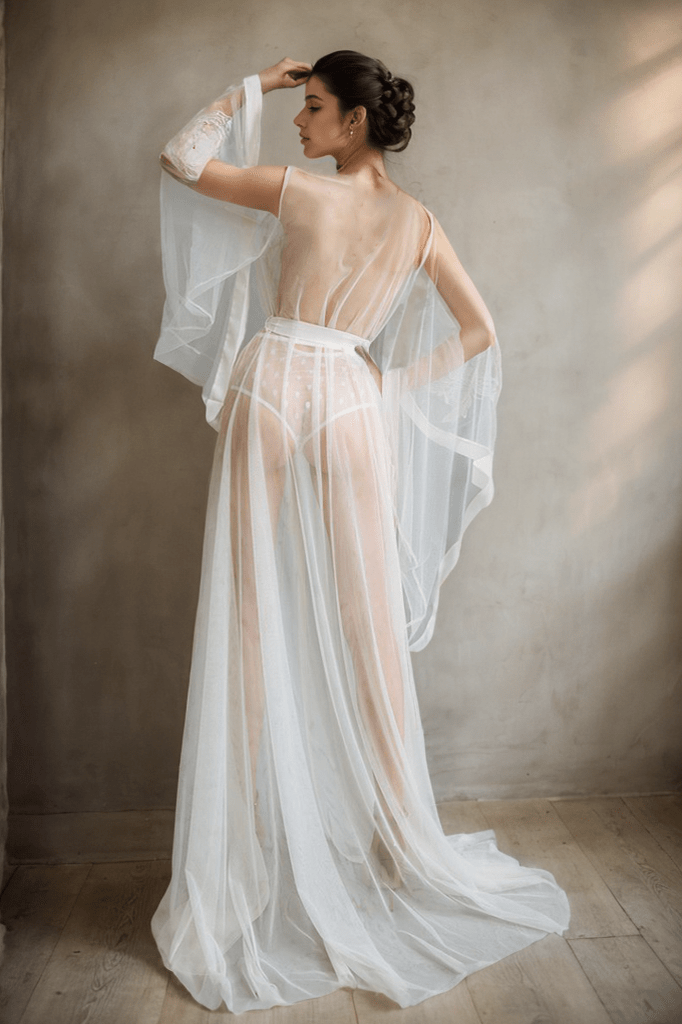 Elegant Sheer Lace Bridal Robe with Floral Embroidery and Satin Tie - Luzilly Bridal & Apparel