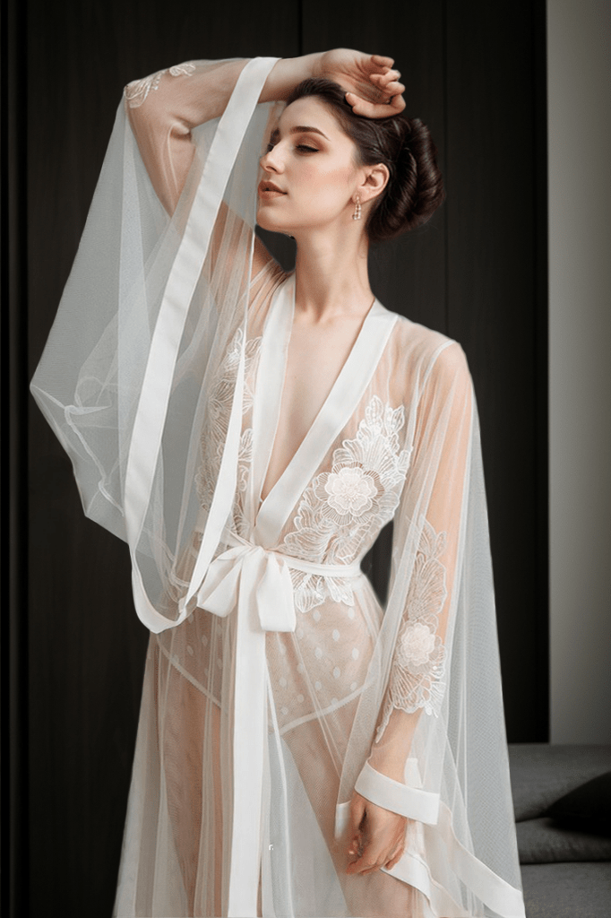 Elegant Sheer Lace Bridal Robe with Floral Embroidery and Satin Tie - Luzilly Bridal & Apparel
