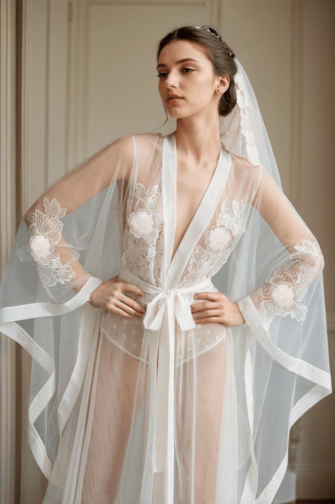 Elegant Sheer Lace Bridal Robe with Floral Embroidery and Satin Tie - Luzilly Bridal & Apparel