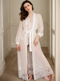 Elegant Sheer Mesh White Lace Long Bridal Robe Set - Luzilly Bridal & Apparel