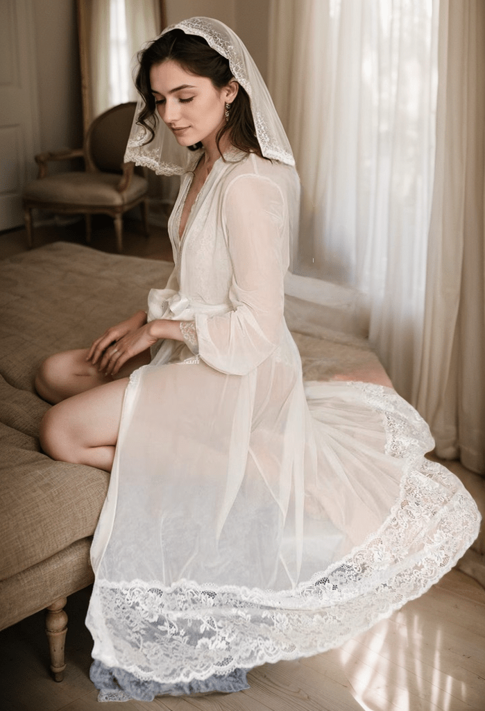 Elegant Sheer Mesh White Lace Long Bridal Robe Set - Luzilly Bridal & Apparel