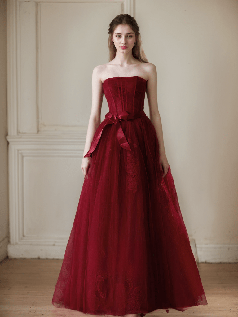 Elegant Strapless Burgundy Tulle Ball Gown with Corset Back and Ribbon Tie - Luzilly Bridal & Apparel