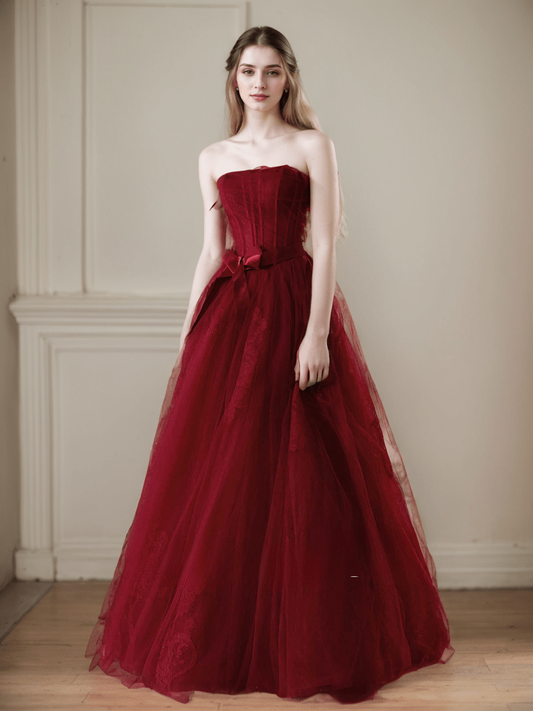 Elegant Strapless Burgundy Tulle Ball Gown with Corset Back and Ribbon Tie - Luzilly Bridal & Apparel