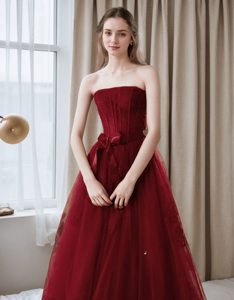 Elegant Strapless Burgundy Tulle Ball Gown with Corset Back and Ribbon Tie - Luzilly Bridal & Apparel