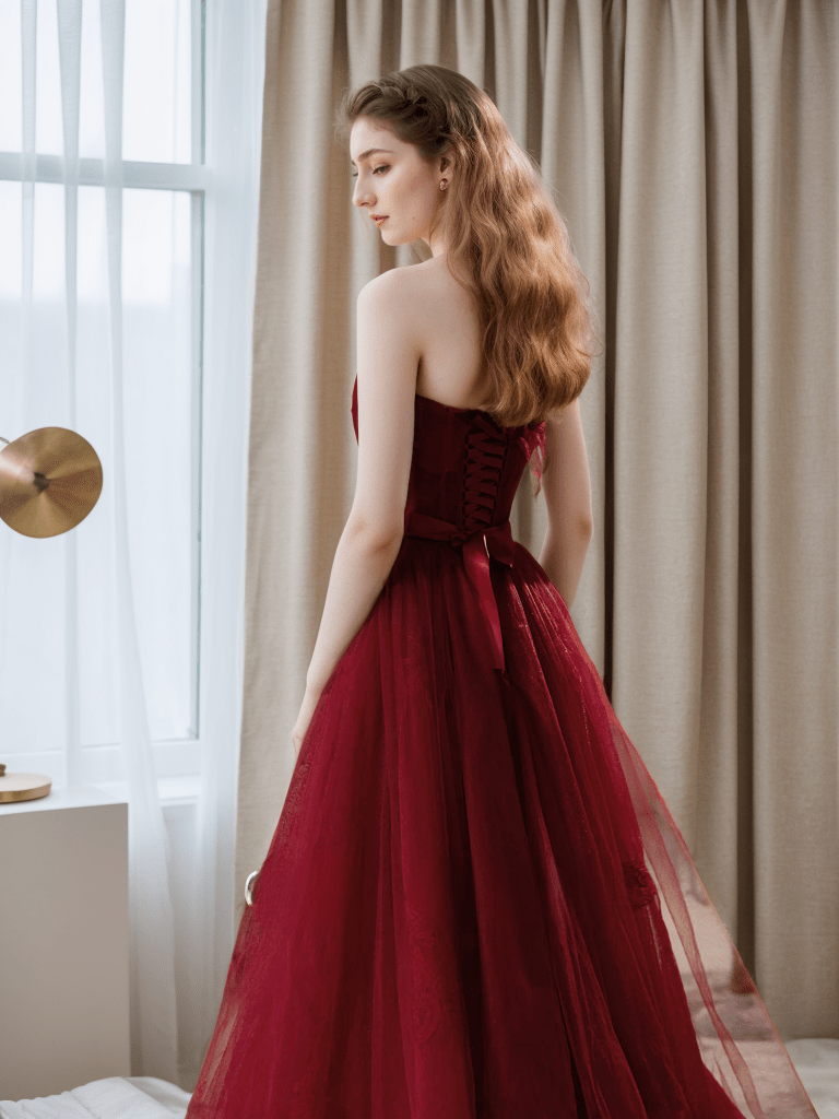 Elegant Strapless Burgundy Tulle Ball Gown with Corset Back and Ribbon Tie - Luzilly Bridal & Apparel