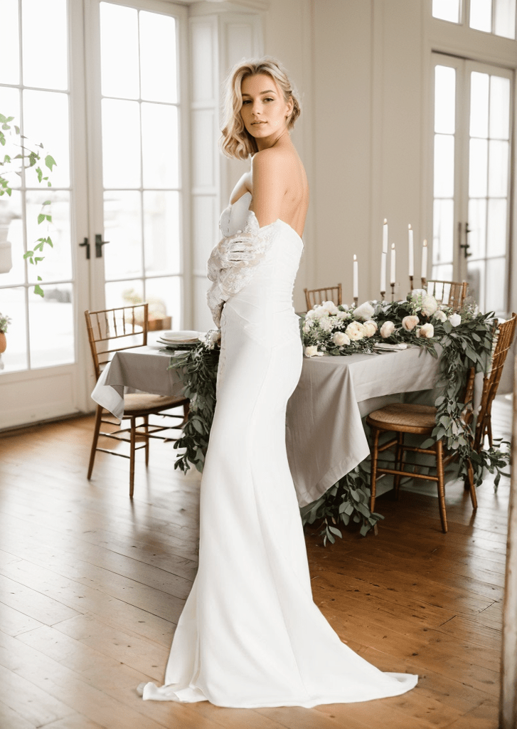 Elegant strapless front button design fit and flare middle slit simple silky satin wedding dress - Luzilly Bridal & Apparel