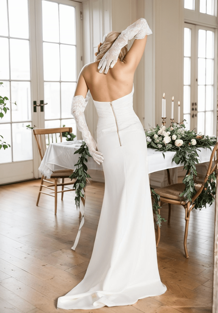 Elegant strapless front button design fit and flare middle slit simple silky satin wedding dress - Luzilly Bridal & Apparel