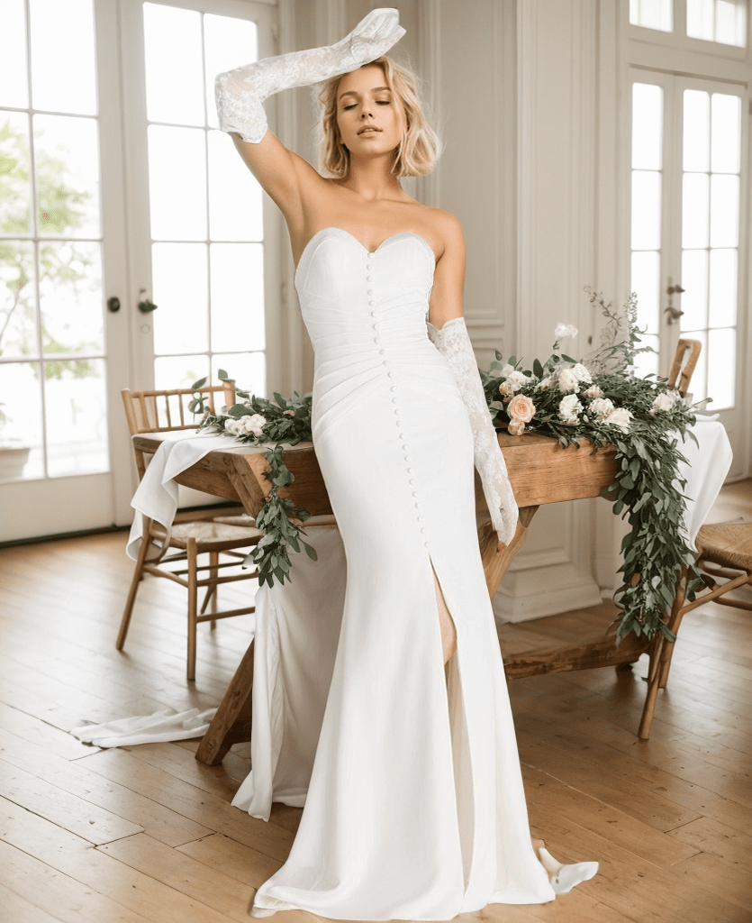 Elegant strapless front button design fit and flare middle slit simple silky satin wedding dress - Luzilly Bridal & Apparel