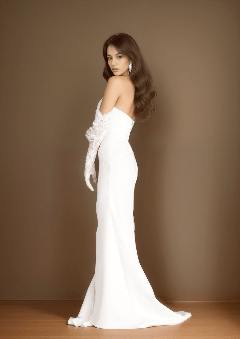 Elegant strapless front button design fit and flare middle slit simple silky satin wedding dress - Luzilly Bridal & Apparel