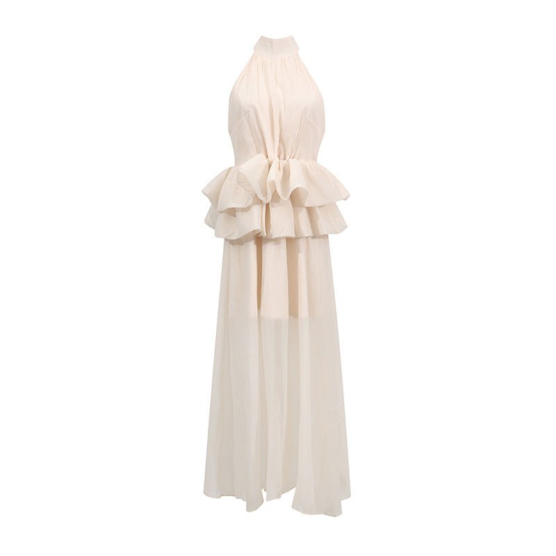Elegant Wedding Dress Series Women Summer Turtleneck Sleeveless Waist Ruffled Maxi Dress - Luzilly Bridal & Apparel