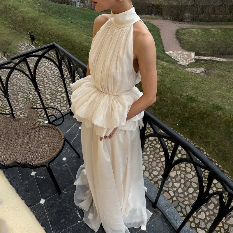 Elegant Wedding Dress Series Women Summer Turtleneck Sleeveless Waist Ruffled Maxi Dress - Luzilly Bridal & Apparel